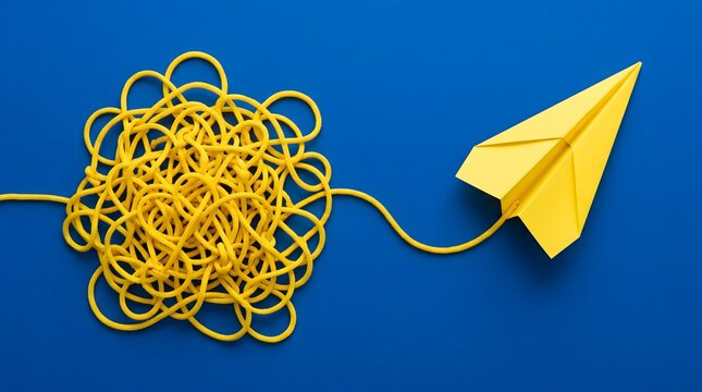 Yellow paper airplane flying away from a tangled knot of string on a blue background. Symbolizing problem solving, innovation, freedom, and simplifying chaos.