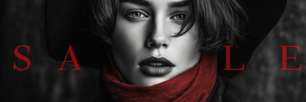 Dark fashion portrait with bold sale typography, luxury promotion, stylish branding, premium retail campaign, commercial advertising.