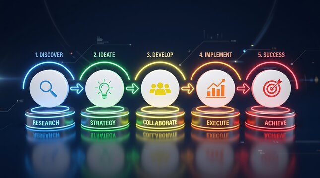 Five glowing neon podiums displaying business process stages: discover, ideate, develop, implement, and success. Perfect for corporate strategy and innovation