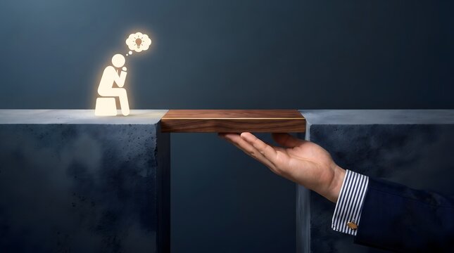 A giant hand extends a wooden plank, bridging a concrete gap to help a glowing, thinking digital figure cross safely. Concept of business support and ideas