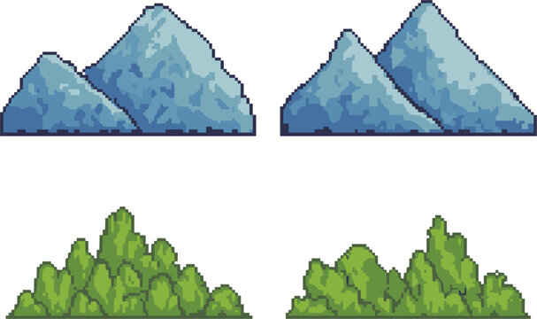 Pixel art mountain and bush collection, retro game landscape elements isolated vector illustration design set