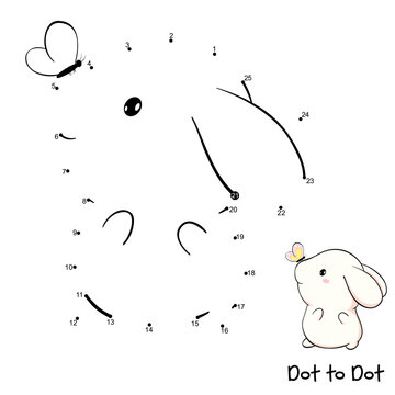 Connect The Dots and Draw Cute bunny. Dot to dot puzzle - baby rabbit. Educational Game for Kids. Drawing for Preschool children. Vector Illustration EPS8