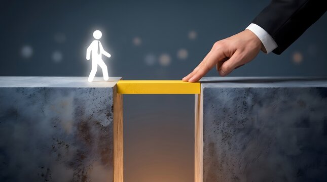 A giant human hand creates a glowing yellow digital bridge with two fingers, allowing a small illuminated stick figure to cross a deep chasm. Concept of help.