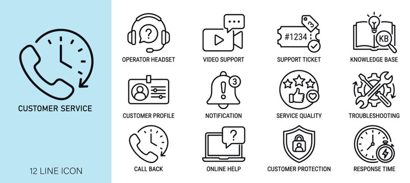 Customer service icon set. Containing operator, headset, video, support, ticket, profile icons. Vector illustration