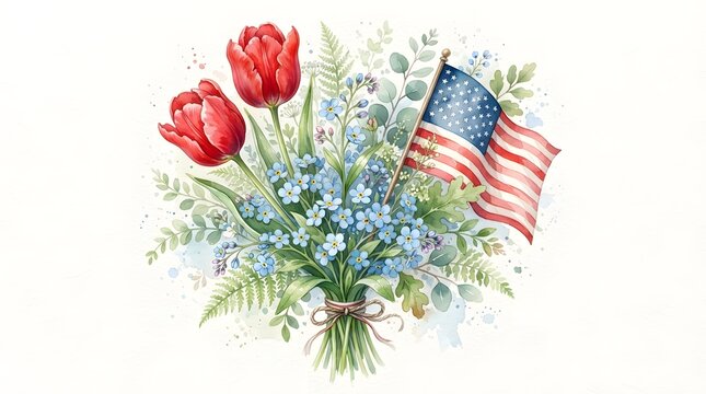 Watercolor bouquet of red tulips and blue forgetmenots with a small american flag isolated on white background