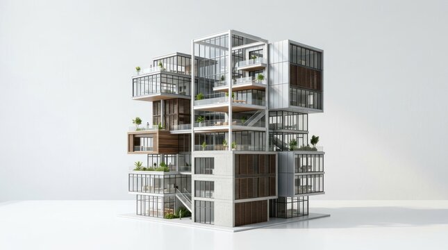 Modern modular building structure with glass and greenery