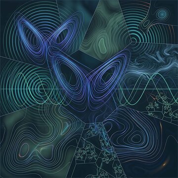 Abstract Digital Art: Butterfly Fractal Chaos Theory, Lorenz Attractor, Waves, and Topographic Contour Lines on Dark Background