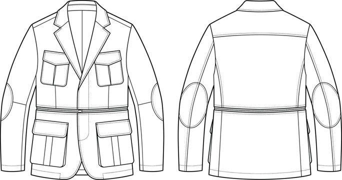 Mens Utility Blazer Technical Flat Sketch Front and Back Fashion Jacket Design Template