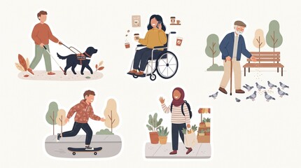 Fototapeta premium People with disabilities daily life. Diverse characters in inclusive community activities.