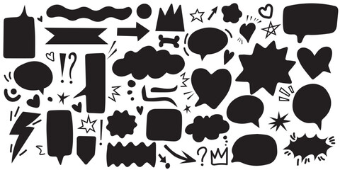 Fototapeta premium Black speech bubbles set with doodle icons, thought balloons, stars, hearts, arrows, and punctuation marks isolated on white background. Dialogue frames for comics and social media.