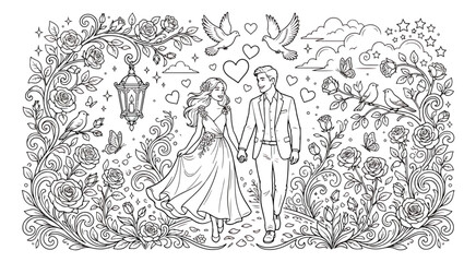 Premium monochrome line art megaset, dolphin family and ocean elements vector, intricate underwater sea life coloring page with coral reef © Ali
