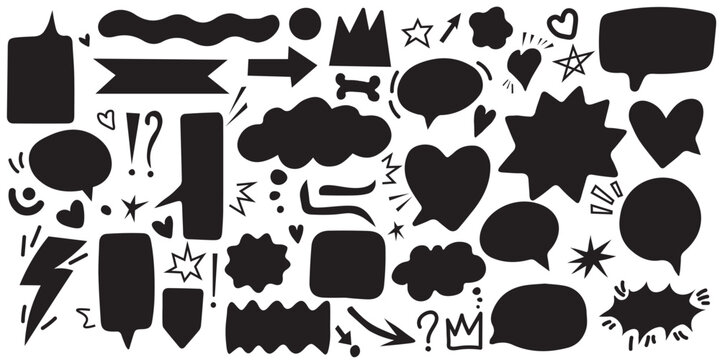 Black speech bubbles set with doodle icons, thought balloons, stars, hearts, arrows, and punctuation marks isolated on white background. Dialogue frames for comics and social media.