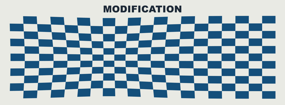 Distorted checkerboard vector pattern, blue and white optical illusion grid, abstract geometric modification background for modern graphic design