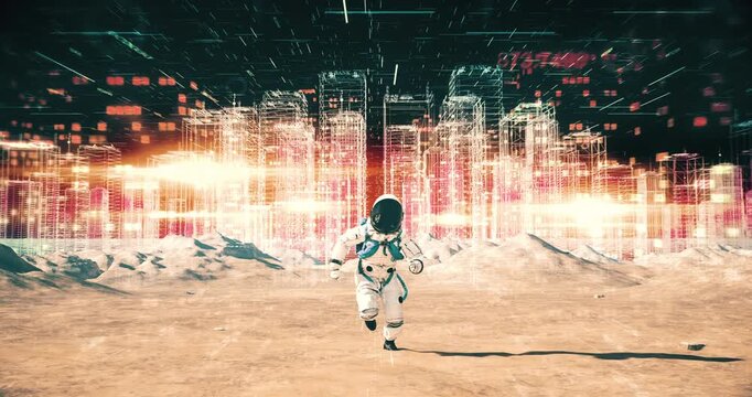 Futuristic astronaut running forward on moon landscape with wireframe city render. Abstract Digital Space City Concept.
