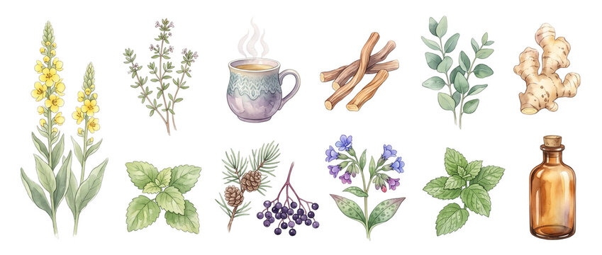 Herbal medicine natural remedy set watercolor botanical illustrations of ginger tea mint eucalyptus essential oil licorice mullein for holistic wellness health naturopathy isolated on black background