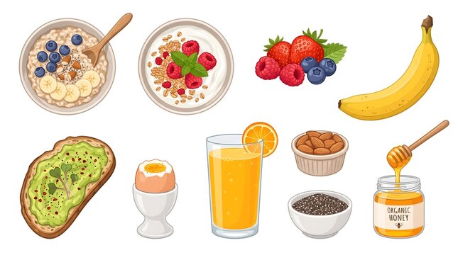 Healthy breakfast food and drinks elements set with oatmeal bowl, yogurt, avocado toast, boiled egg, orange juice and fresh fruits