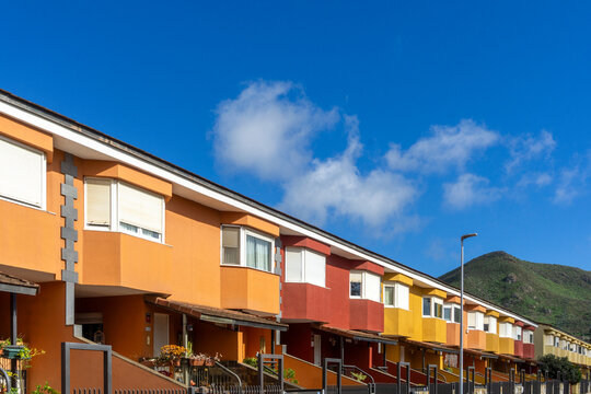 Colorful row houses lining street in La Laguna, Tenerife