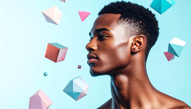 Handsome young black man looking side near floating geometric shapes