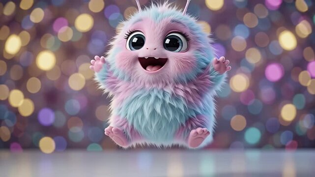 Cute fluffy cartoon alien monster with pink and blue fur, smiling with bokeh lights background for children's animation or games