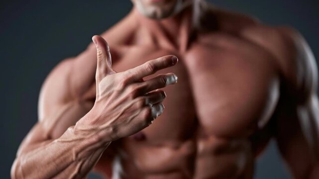 Muscular male hand close up bare chest strong arm, dramatic studio portrait with clenched fist and visible vein, dark background fitness pose