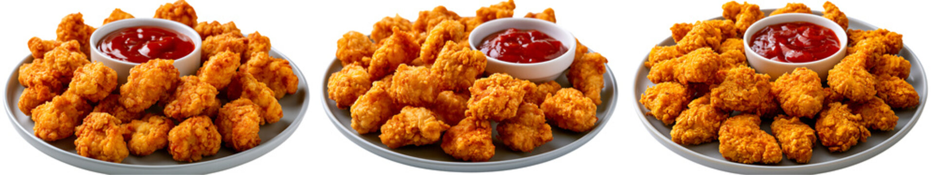 Three plates of crispy golden fried chicken popcorn nuggets with a small bowl of red ketchup dipping sauce isolated on transparent background