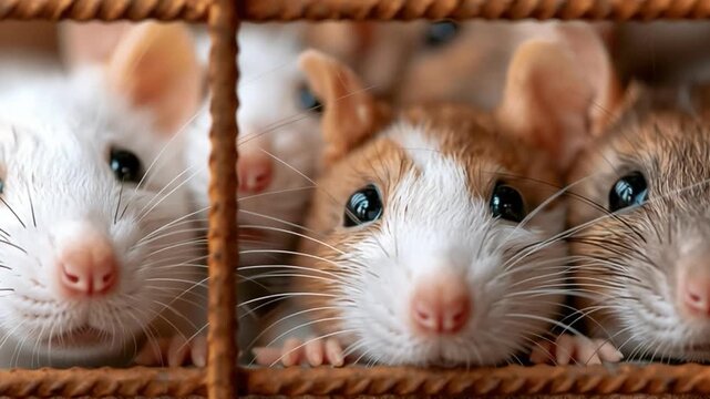 Rat cage closeup group rodent whisker nose eye, curious brown and white mouse in cage, warm light close view, pet care indoor animal portrait