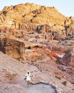 Solo traveler walking along a winding path through Petra's sandstone landscape and ancient Nabataean rock-cut structures at golden hour. Iconic Jordan desert heritage site and Middle East travel destination