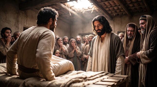 Jesus healing a man paralyzed on a bed after he was lowered through the roof. Biblical scene from Luke 5 showing faith, miracle, and restoration in a historic gathering. Christianity.