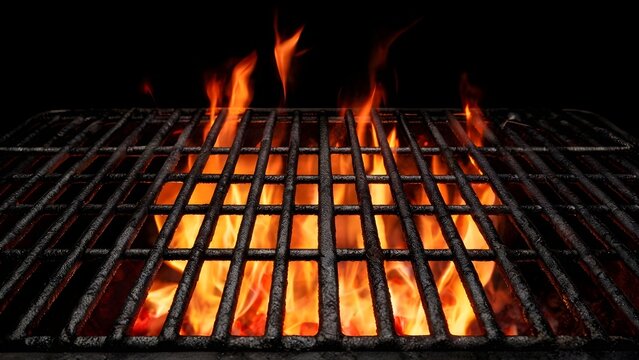 Empty Barbecue Grill Grate with Glowing Fire Flames on Black Background. Outdoor Cooking, BBQ Party, Grilling Equipment and Summer Food Preparation Concept