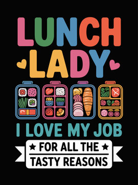 The image features a playful text design with the words 'Lunch Lady' in bold colors.the  phrases like 'I Love My Job'.