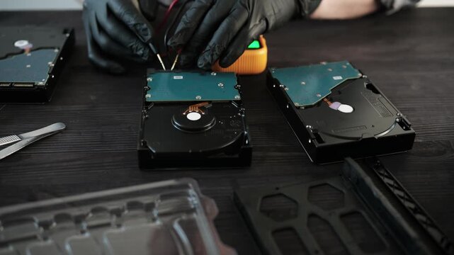 Gloved Repair Specialist Checks A Broken Hard Disk Drive During The Data Recovery Process In A Professional Computer Repair Laboratory