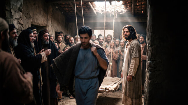 Jesus heals a paralyzed man in a crowded house. A miracle story from Luke 5 in the Bible where a man rises and walks after being lowered through a roof. Faith and divine power concept.