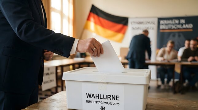 Person casting a vote in the german bundestag election 2025 at a polling station with the german flag in the background