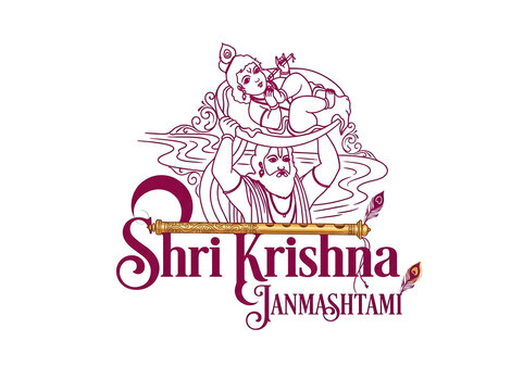 Shri Krishna Janmashtami Line Art Illustration with Vasudeva Carrying Baby Krishna.