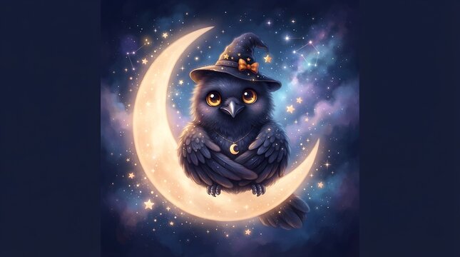 Raven sitting on glowing moon