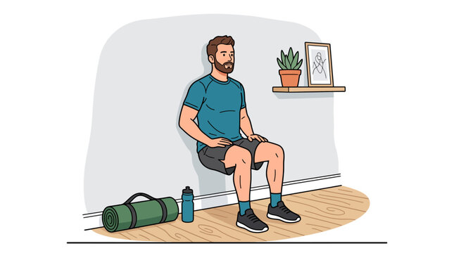 Athletic man performing wall sit exercise at home