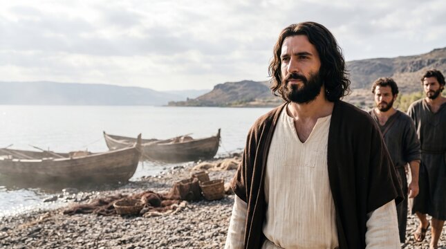 Jesus walking with disciples along the shore of the sea of Galilee. Biblical scene depicting the calling of fishermen. Historical religious narrative from Luke 5 in the New Testament.