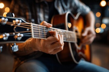 Obraz premium Close up of hands playing acoustic guitar