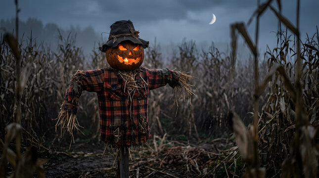 Spooky scarecrow with glowing pumpkin head in a dark cornfield at night