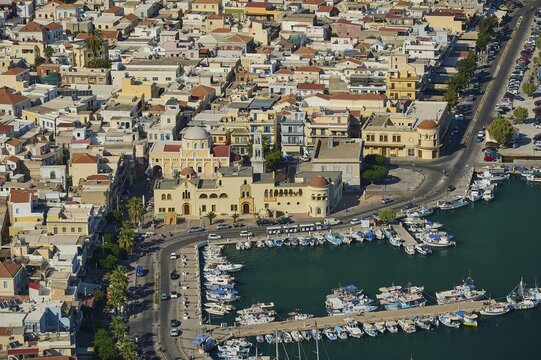Urban landscape with harbor, boats and Mediterranean architecture, Pothia, main town, port, Kalymnos, Sponge Diving Island, Dodecanese, Greek Islands, Greece
