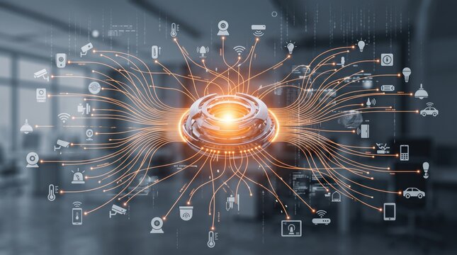 Abstract illustration of Internet of Things IoT smart home network, central processing hub connecting various devices like cameras, sensors, cars and appliances with glowing