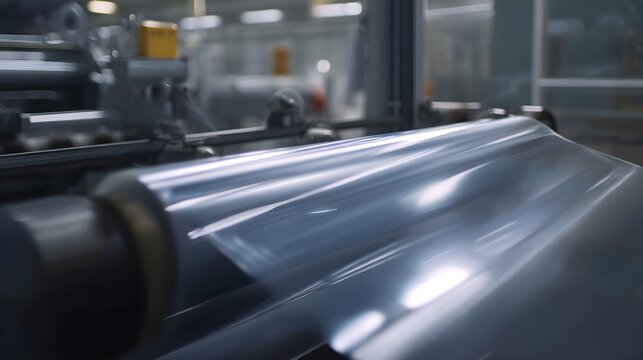Transparent plastic packaging film being extruded on modern high-speed blown film machinery in factory