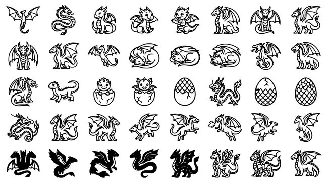 Professional mythical dragon vector set with fantasy flying creatures magical monsters winged reptiles and cartoon dragon illustrations isolated on white background