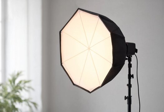 Professional octagonal softbox studio lighting equipment glowing warmly on a black stand against a clean grey background, ideal for photography, videography, portraits, and production.
