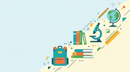 Obraz premium Academic symbols including backpack, books, microscope, globe, pencil and ruler flowing diagonally across a clean background with a large empty copy space for a contemporary Back to School sale banner