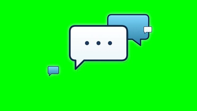 Speech bubbles representing digital communication are displayed against a vibrant green screen background.