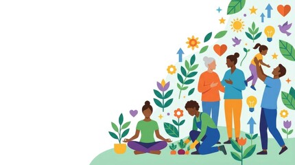 Fototapeta premium Community wellness concept with diverse people, calming plants, hearts and positive wellbeing symbols flowing along one side, generous copy space for a World Mental Health Day awareness banner