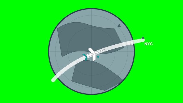 Airplane flight route is traced across a circular map projection over a bright green chroma background.