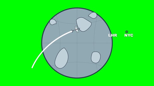 Airplane trajectory is illustrated on a globe map with city markers against a vibrant green screen.