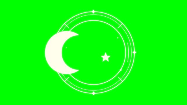 Moon crescent symbol glows within a white circular frame containing orbital lines and stars against a bright chroma green backdrop.